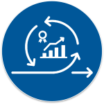 Blue circular icon with a rising bar chart encircled by looping arrows, representing continuous improvement and data analytics.