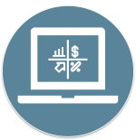 Laptop on a blue circular background displaying a financial dashboard with a dollar sign and chart elements in white.