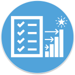 Checklist and bar chart representing tracking progress and performance metrics on a blue circular background. “