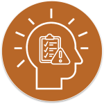 Profile of a head with a clipboard and warning triangle inside, surrounded by radial lines, symbolizing thinking or risk alert.